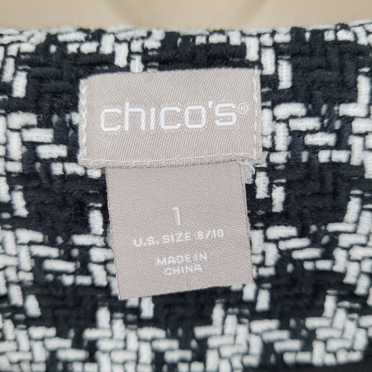 Chico's Black White Ivory Houndstooth Open Collarless Lined Jacket 1 US 8/10