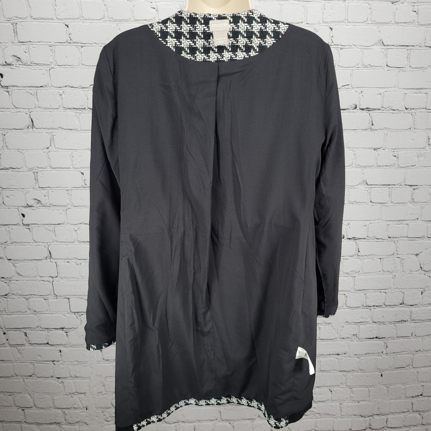 Chico's Black White Ivory Houndstooth Open Collarless Lined Jacket 1 US 8/10