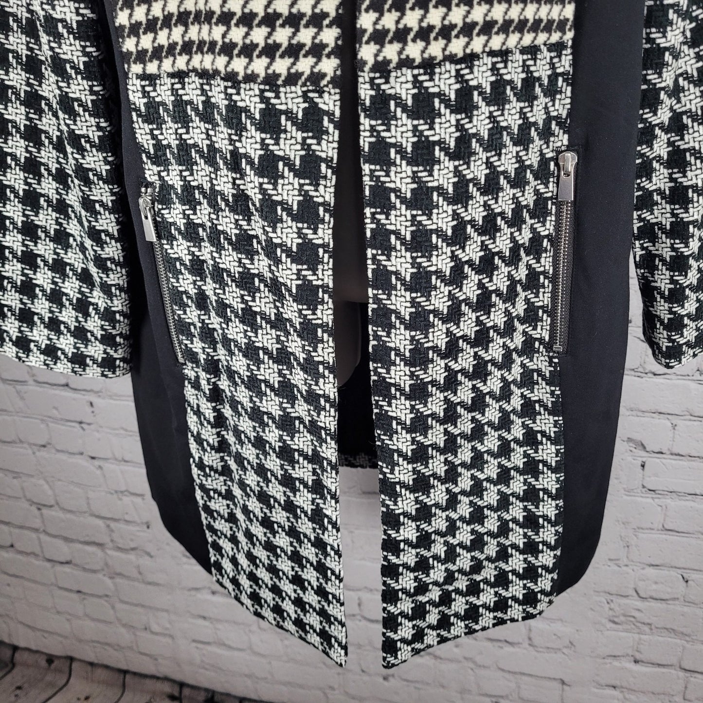 Chico's Black White Ivory Houndstooth Open Collarless Lined Jacket 1 US 8/10