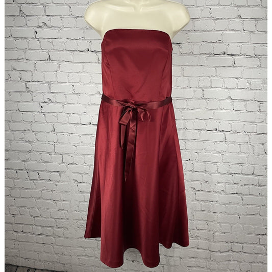 Ann Taylor Deep Red Satin Tie A Line Strapless Zipped Evening Prom Dress Size 6