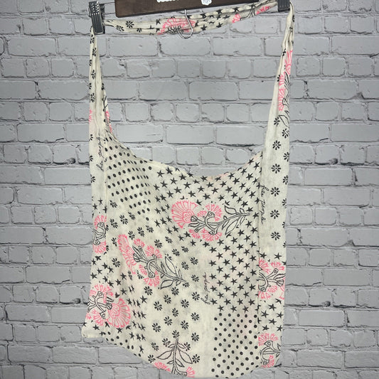 Free People Floral Boho Reusable Shopping Crossbody Tote Bag Muslin Beige Pink S