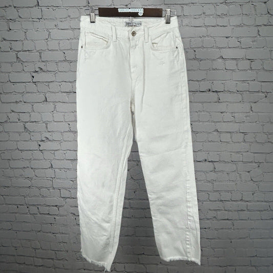 Zara Off White Ivory High Rise Straight Leg Distressed Jeans Size 4 (26X27)