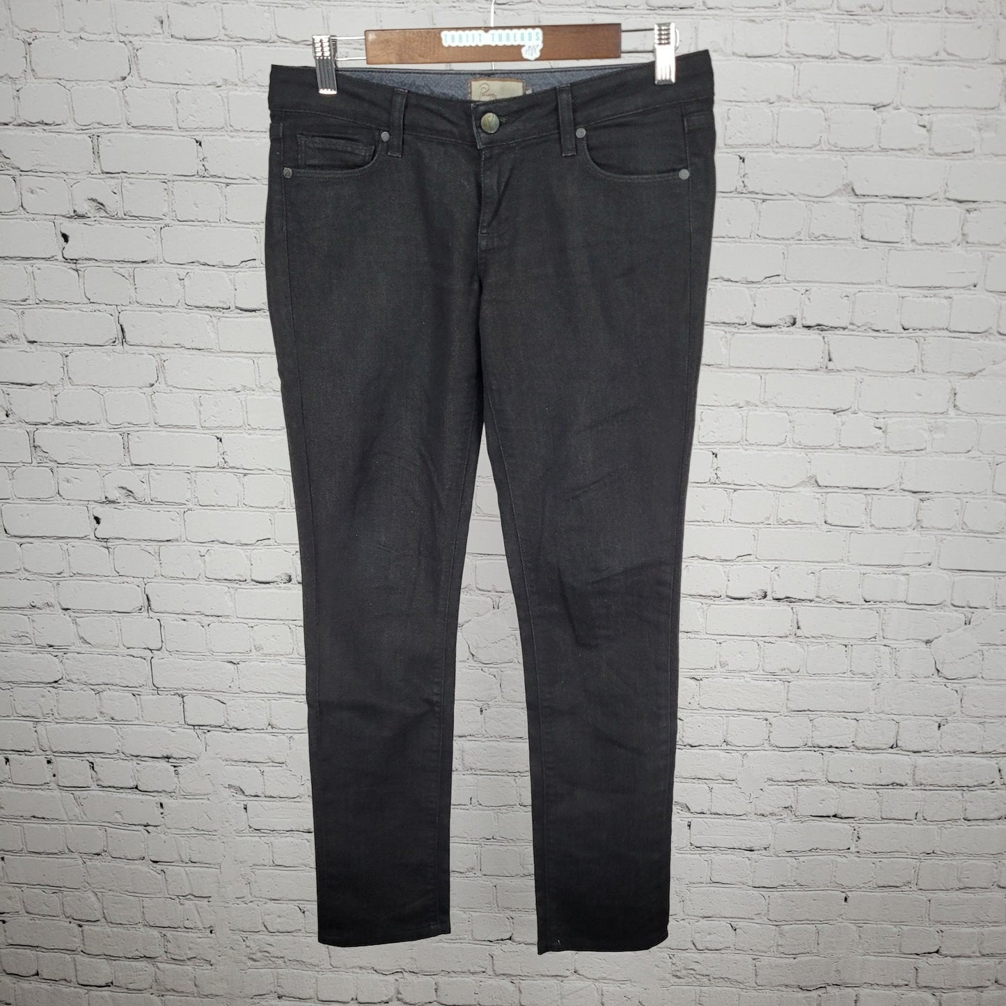 Paige Black Denim Comfort Stretch Blue Heights Low Rise 12” Peg Jeans 27 (30x30)