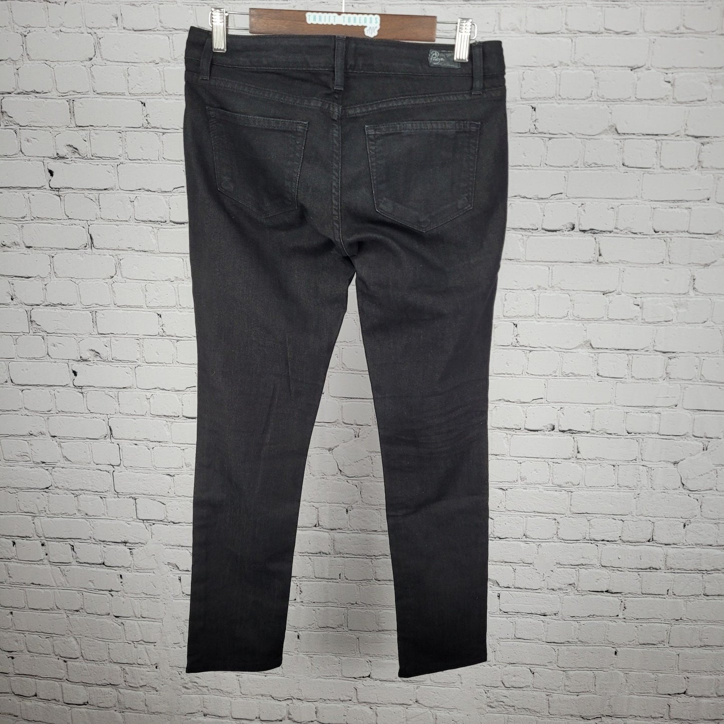 Paige Black Denim Comfort Stretch Blue Heights Low Rise 12” Peg Jeans 27 (30x30)