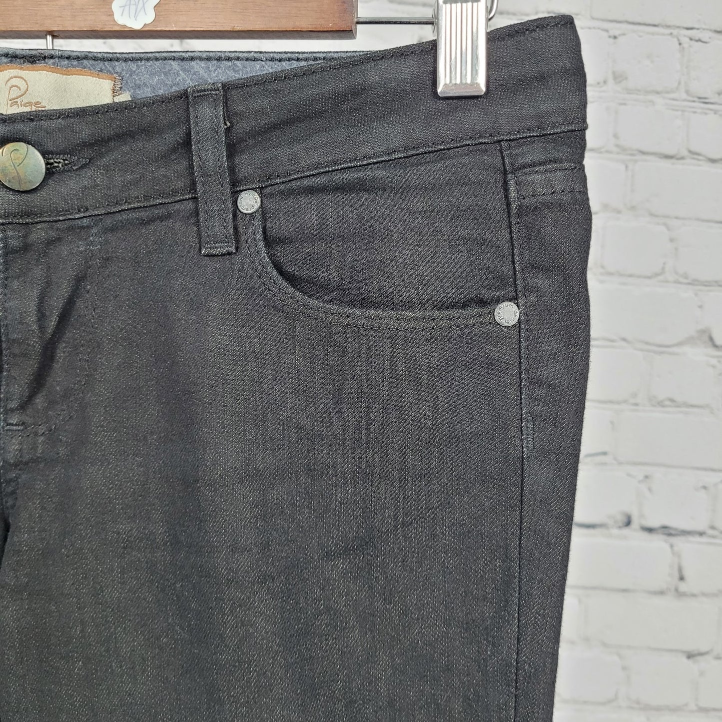 Paige Black Denim Comfort Stretch Blue Heights Low Rise 12” Peg Jeans 27 (30x30)