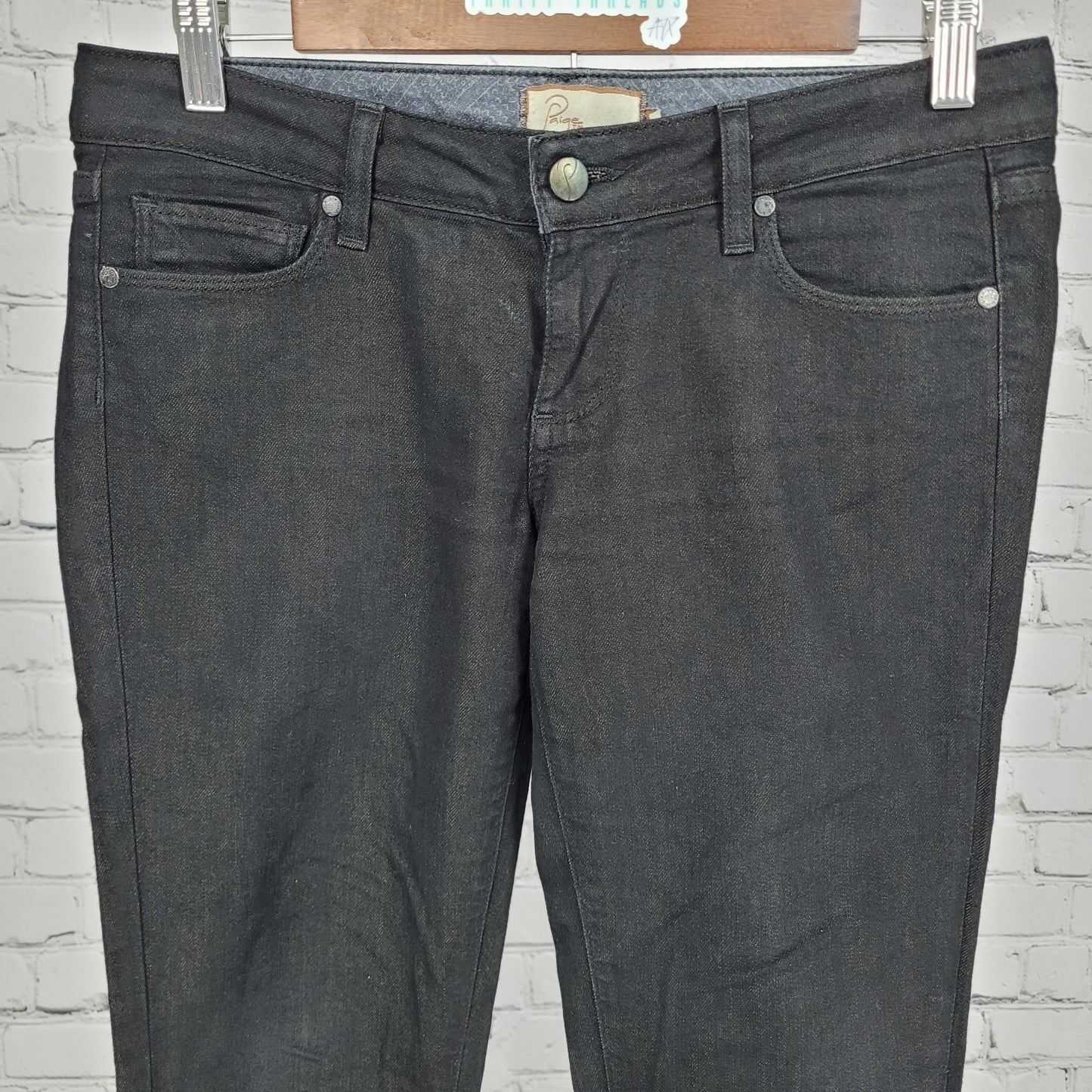 Paige Black Denim Comfort Stretch Blue Heights Low Rise 12” Peg Jeans 27 (30x30)