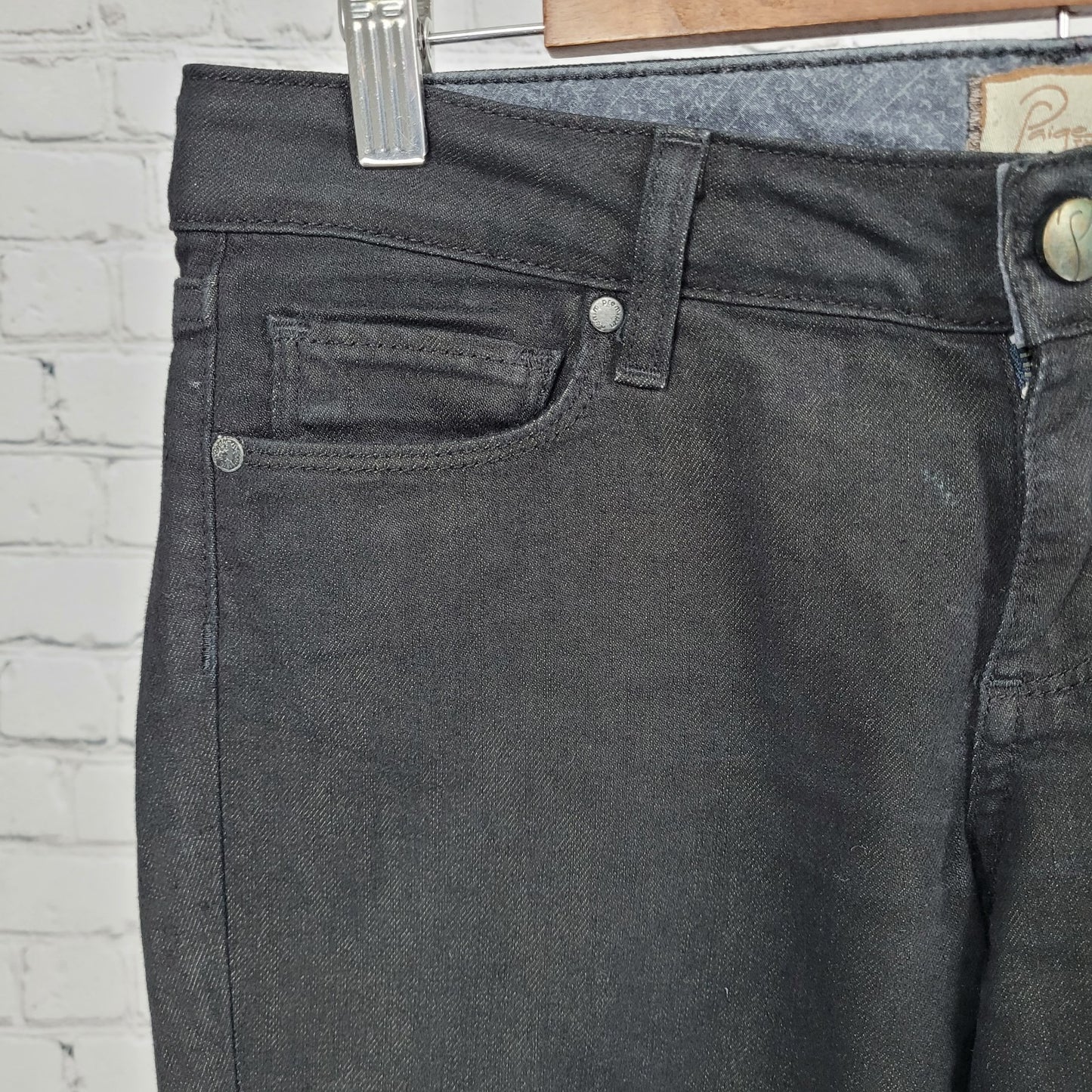 Paige Black Denim Comfort Stretch Blue Heights Low Rise 12” Peg Jeans 27 (30x30)