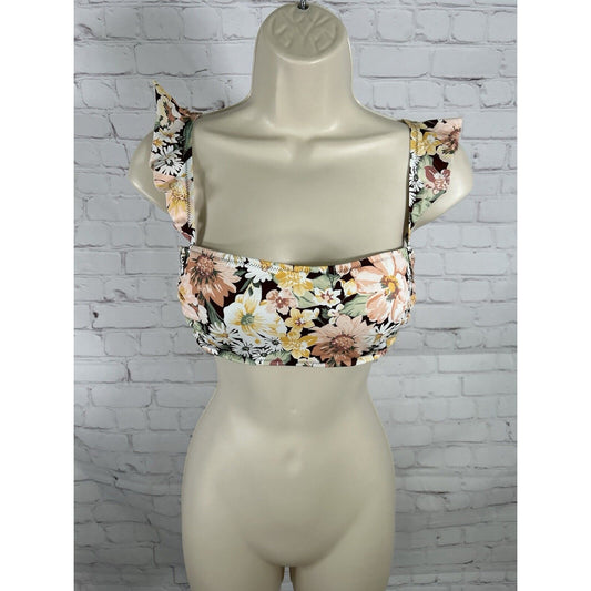 Shade & Shore Floral White Brown Pink Ruffle Shoulder Removable Pad Swim Top 34C