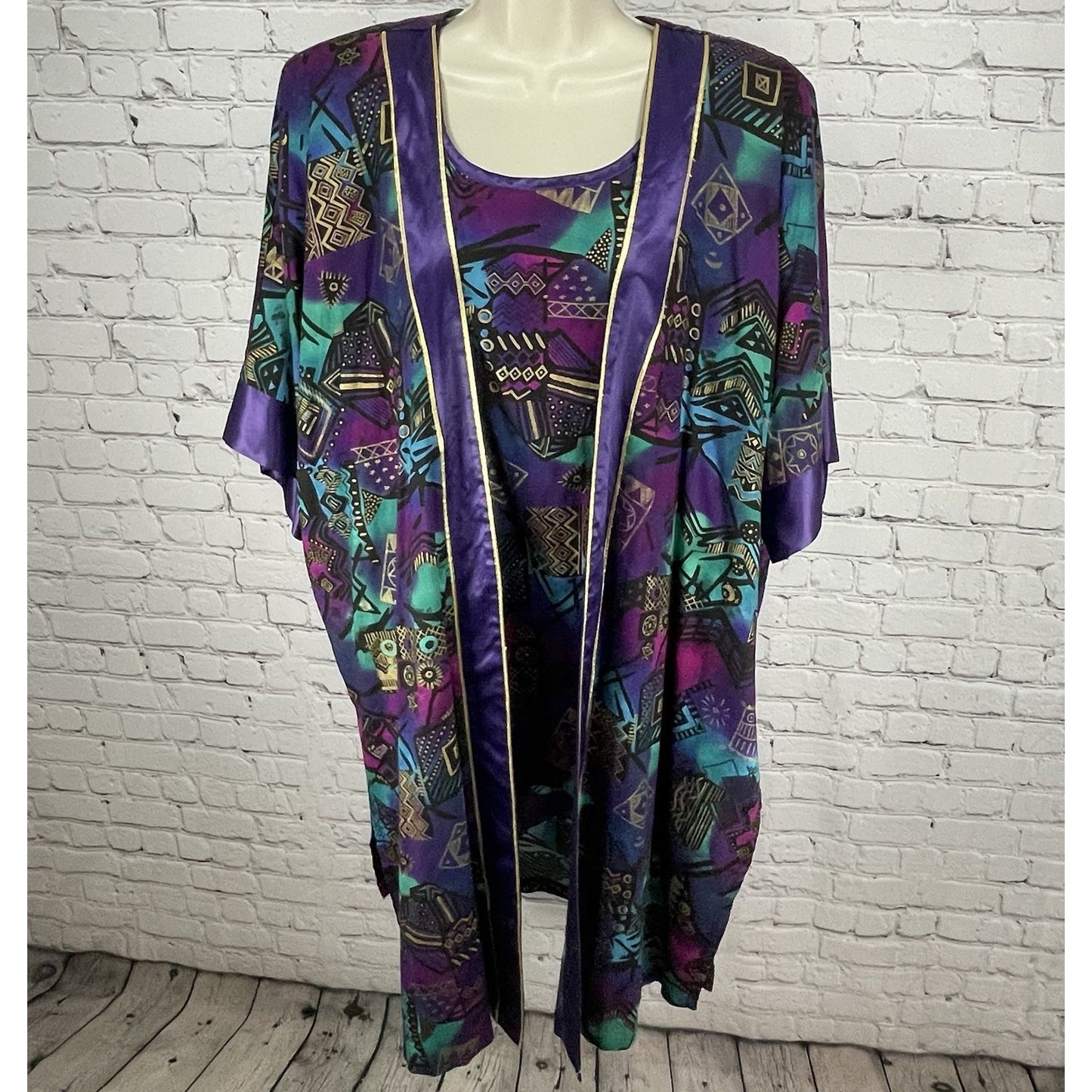 VTG FAD Purple Gold Retro Wearable Art Tunic Top Kimono Jacket Set USA Large L