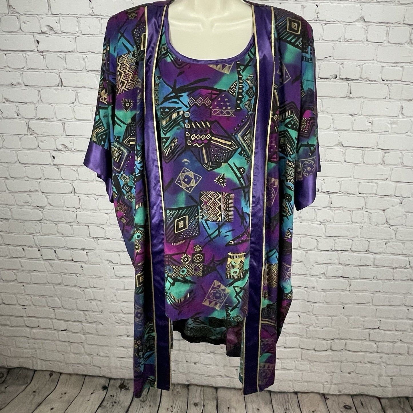 VTG FAD Purple Gold Retro Wearable Art Tunic Top Kimono Jacket Set USA Large L