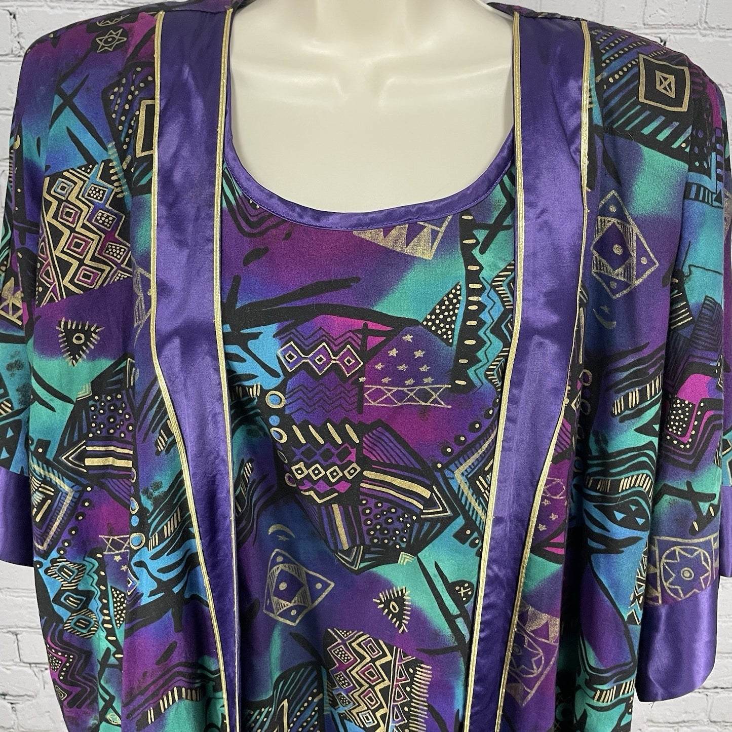 VTG FAD Purple Gold Retro Wearable Art Tunic Top Kimono Jacket Set USA Large L