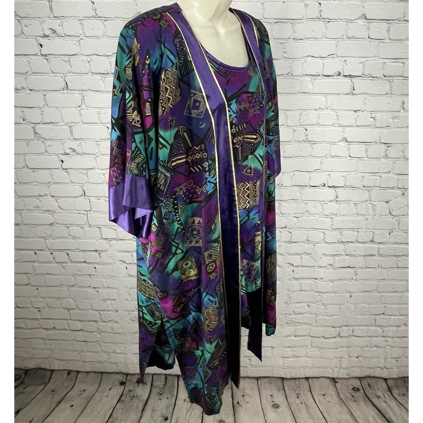 VTG FAD Purple Gold Retro Wearable Art Tunic Top Kimono Jacket Set USA Large L