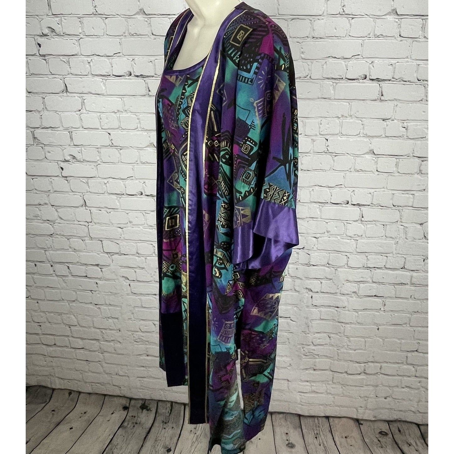 VTG FAD Purple Gold Retro Wearable Art Tunic Top Kimono Jacket Set USA Large L