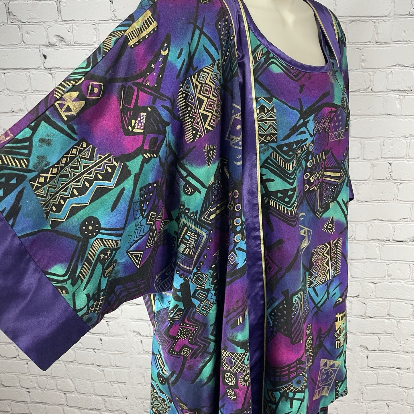 VTG FAD Purple Gold Retro Wearable Art Tunic Top Kimono Jacket Set USA Large L