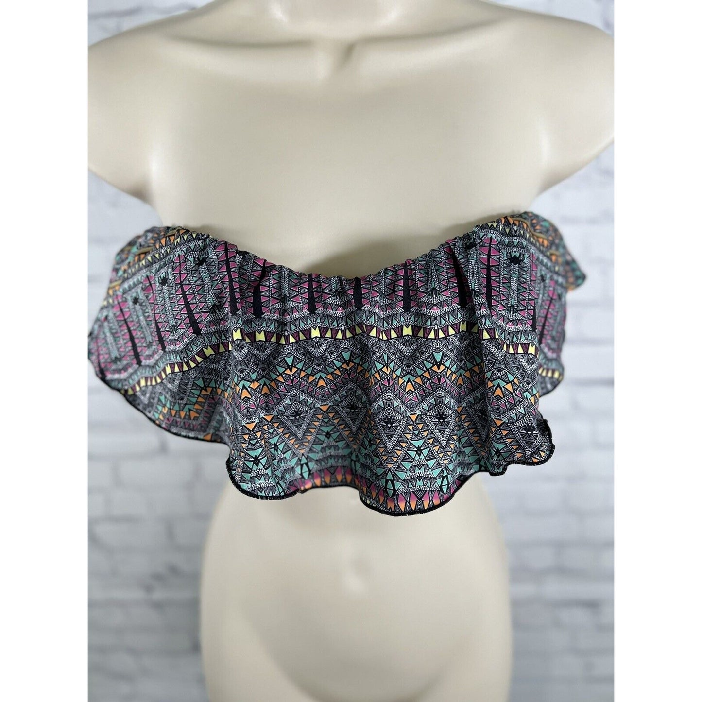 O'NEILL RUFFLE TIE BANDEAU STRAPLESS BIKINI SWIM TOP MULTICOLOR TRIBAL MEDIUM M