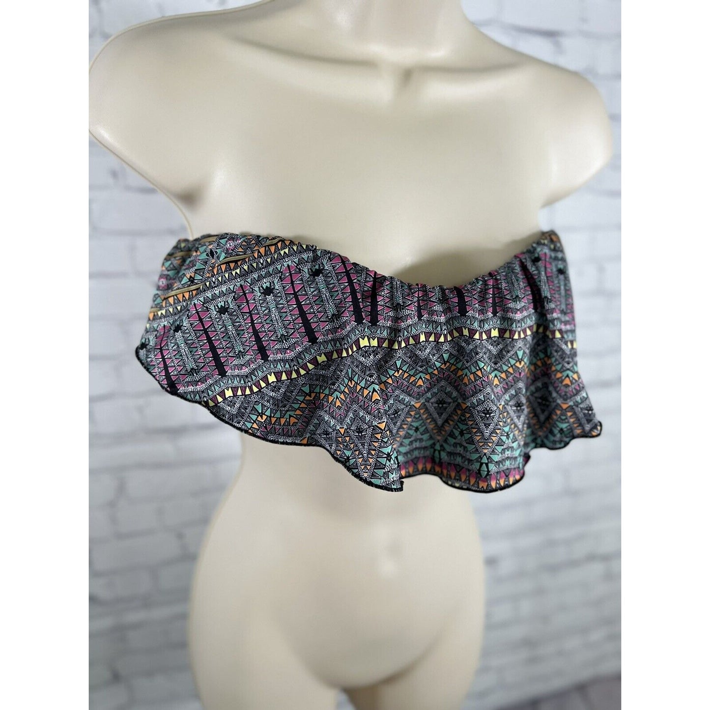 O'NEILL RUFFLE TIE BANDEAU STRAPLESS BIKINI SWIM TOP MULTICOLOR TRIBAL MEDIUM M