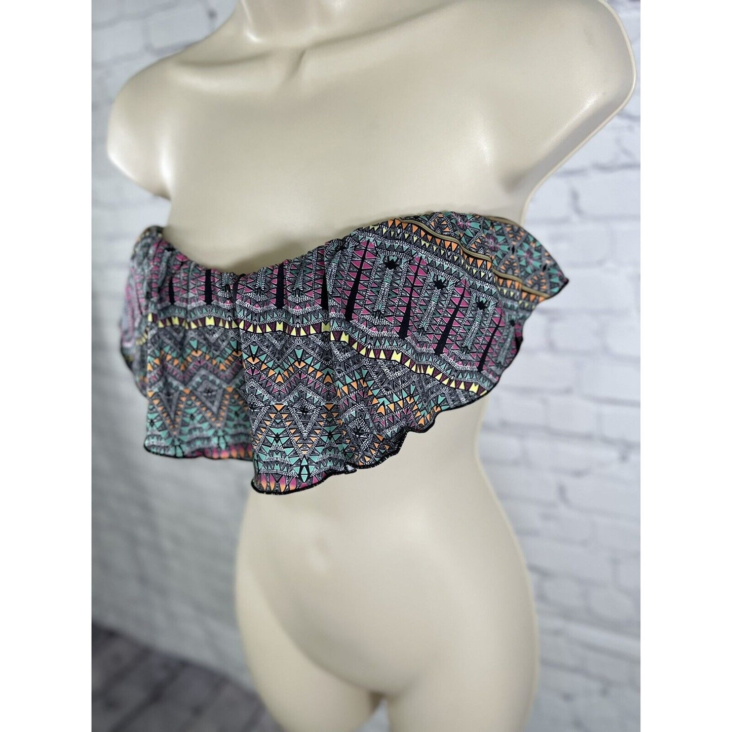 O'NEILL RUFFLE TIE BANDEAU STRAPLESS BIKINI SWIM TOP MULTICOLOR TRIBAL MEDIUM M