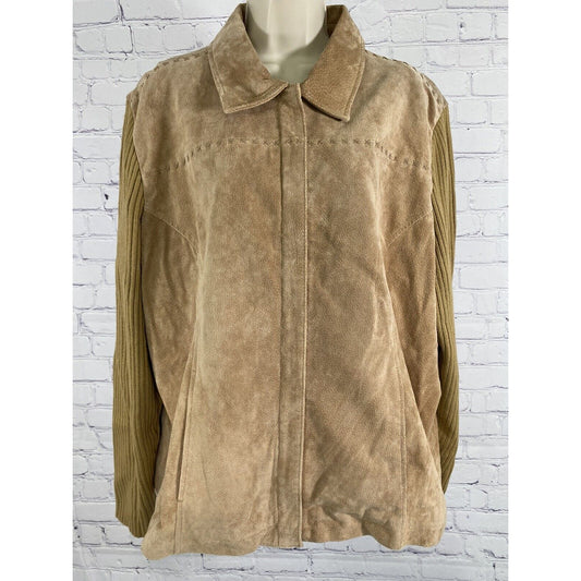 Vintage Live a Little Beige Leather Shell Knit Sleeve Collared Jacket *Size 2XL