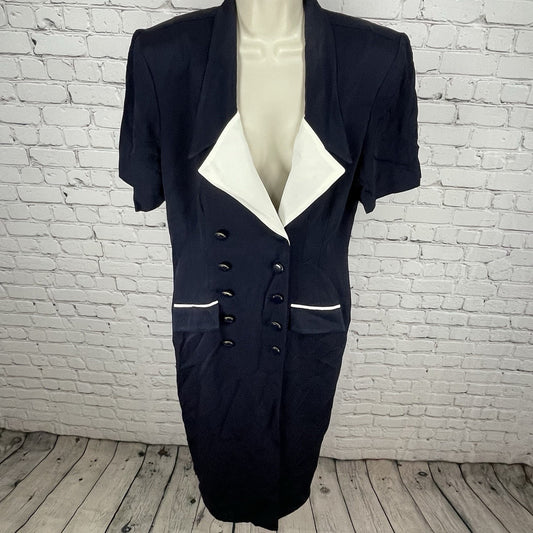 NWT VTG Danny & Nicole Navy & Ivory Retro Buttoned Coat Dress USA Made Size 14
