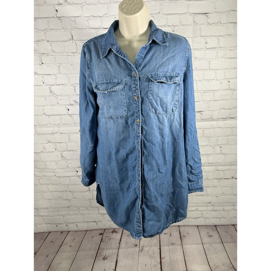 Chico’s Light Wash Button Up Roll Tab Long Sleeve Tunic Lyocell Women’s XS