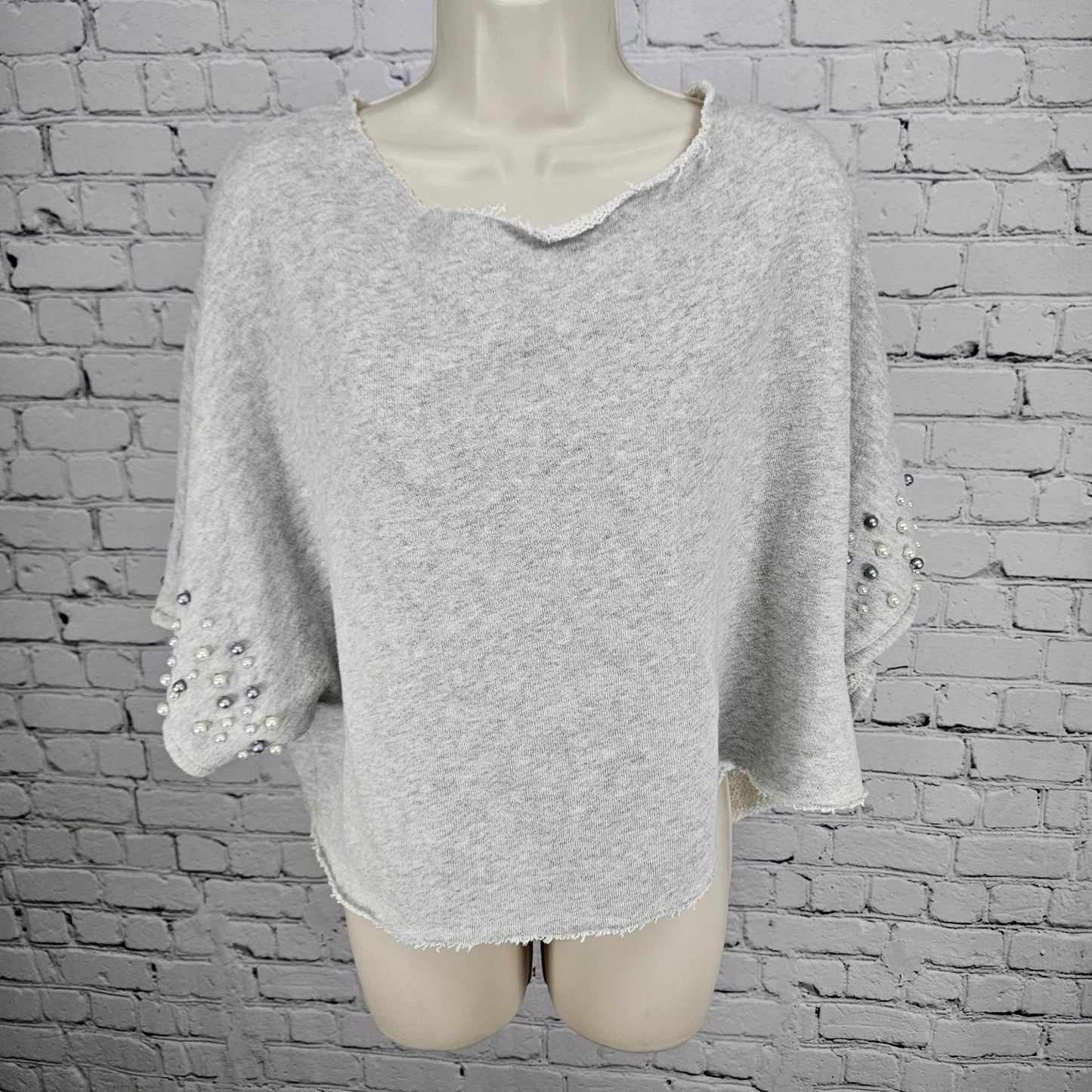 Anthropologie Grey Pearl Crop Short Sleeve Oversized Cut Neck Sweatshirt Top O/S