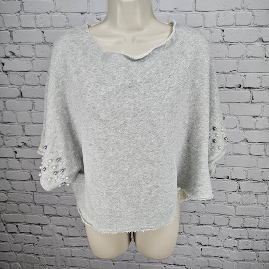 Anthropologie Grey Pearl Crop Short Sleeve Oversized Cut Neck Sweatshirt Top O/S
