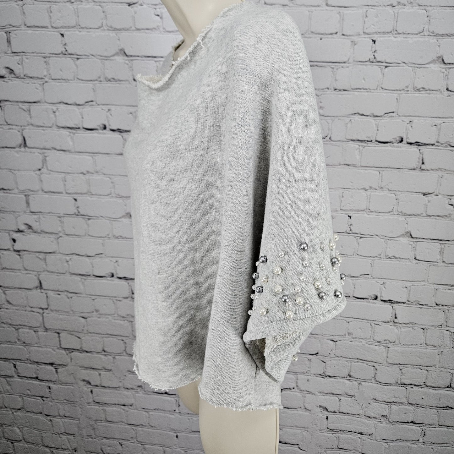 Anthropologie Grey Pearl Crop Short Sleeve Oversized Cut Neck Sweatshirt Top O/S