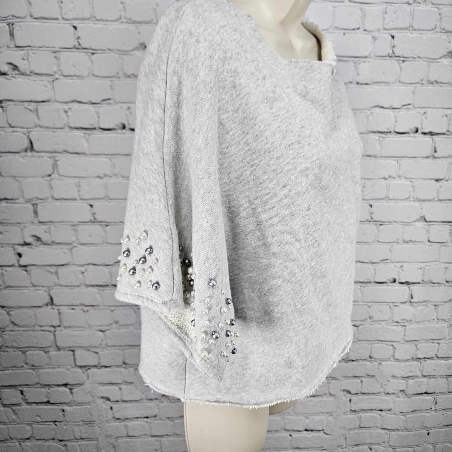 Anthropologie Grey Pearl Crop Short Sleeve Oversized Cut Neck Sweatshirt Top O/S