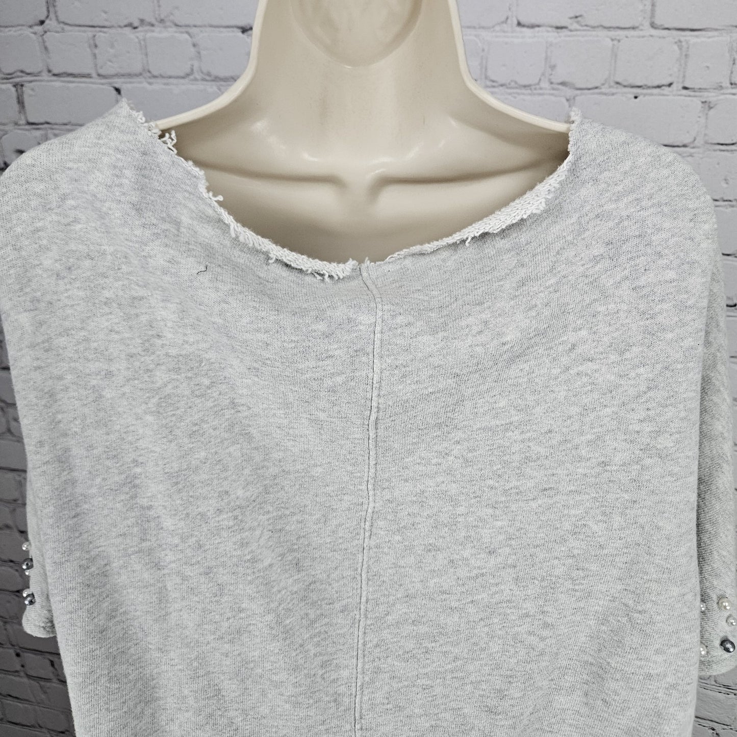Anthropologie Grey Pearl Crop Short Sleeve Oversized Cut Neck Sweatshirt Top O/S