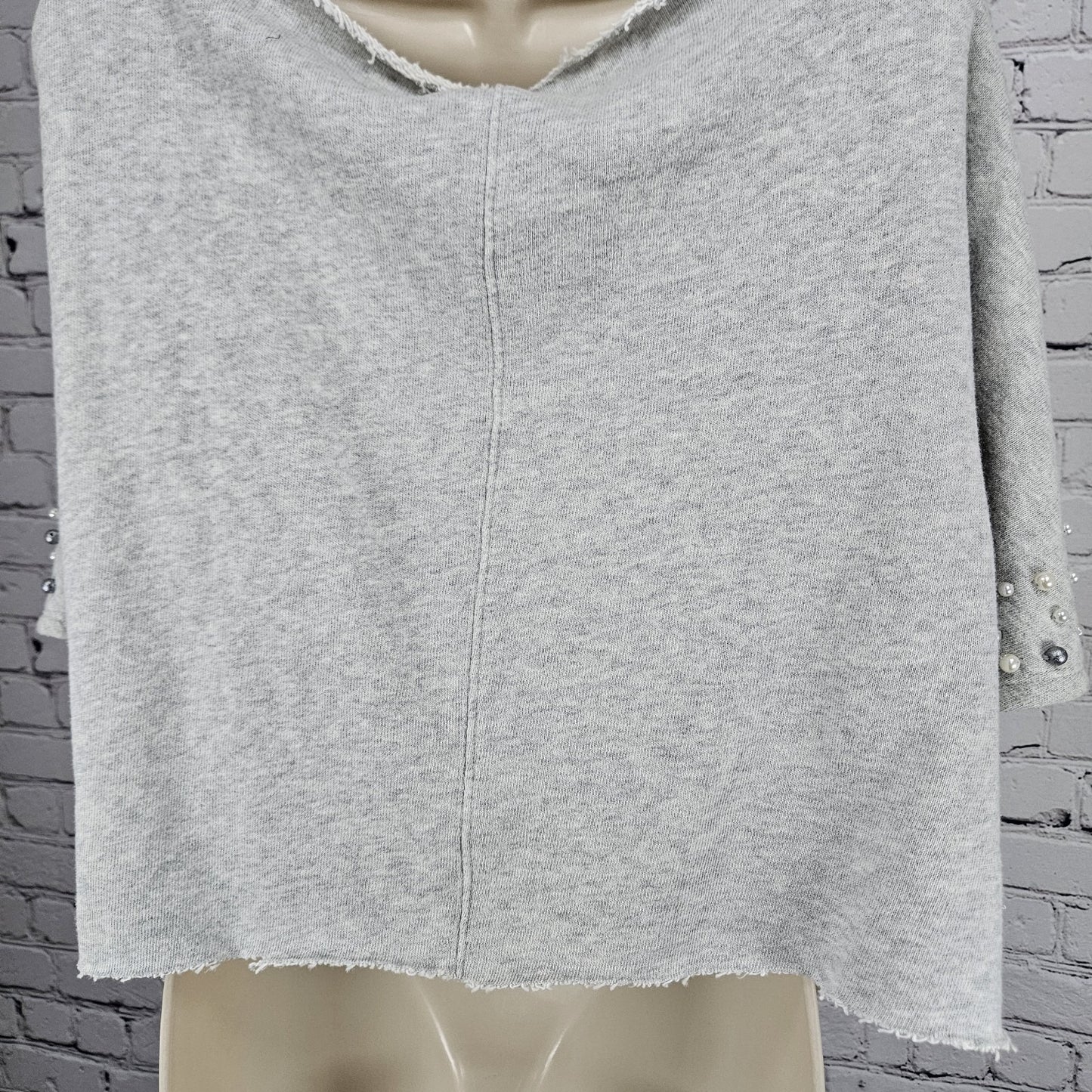 Anthropologie Grey Pearl Crop Short Sleeve Oversized Cut Neck Sweatshirt Top O/S
