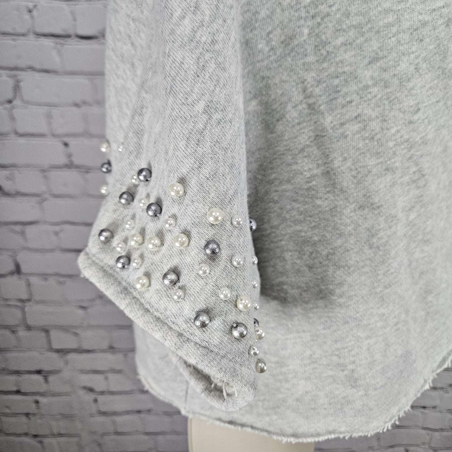 Anthropologie Grey Pearl Crop Short Sleeve Oversized Cut Neck Sweatshirt Top O/S