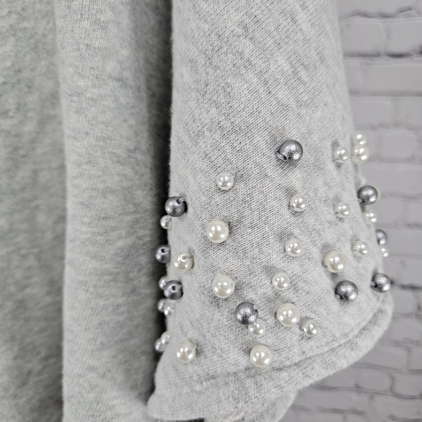 Anthropologie Grey Pearl Crop Short Sleeve Oversized Cut Neck Sweatshirt Top O/S