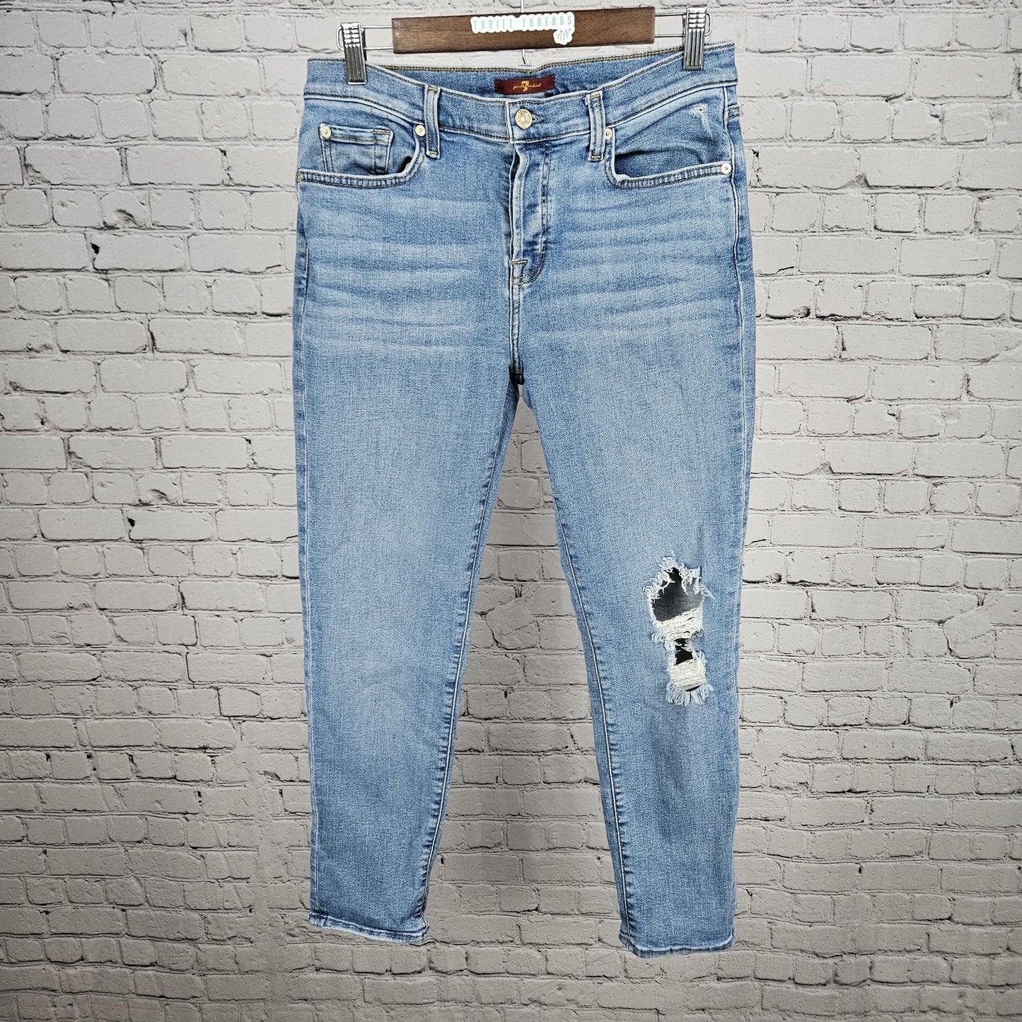 7 For All Mankind Blue Josefina Distressed Denim Skinny Ankle Jeans 28 (28x27)