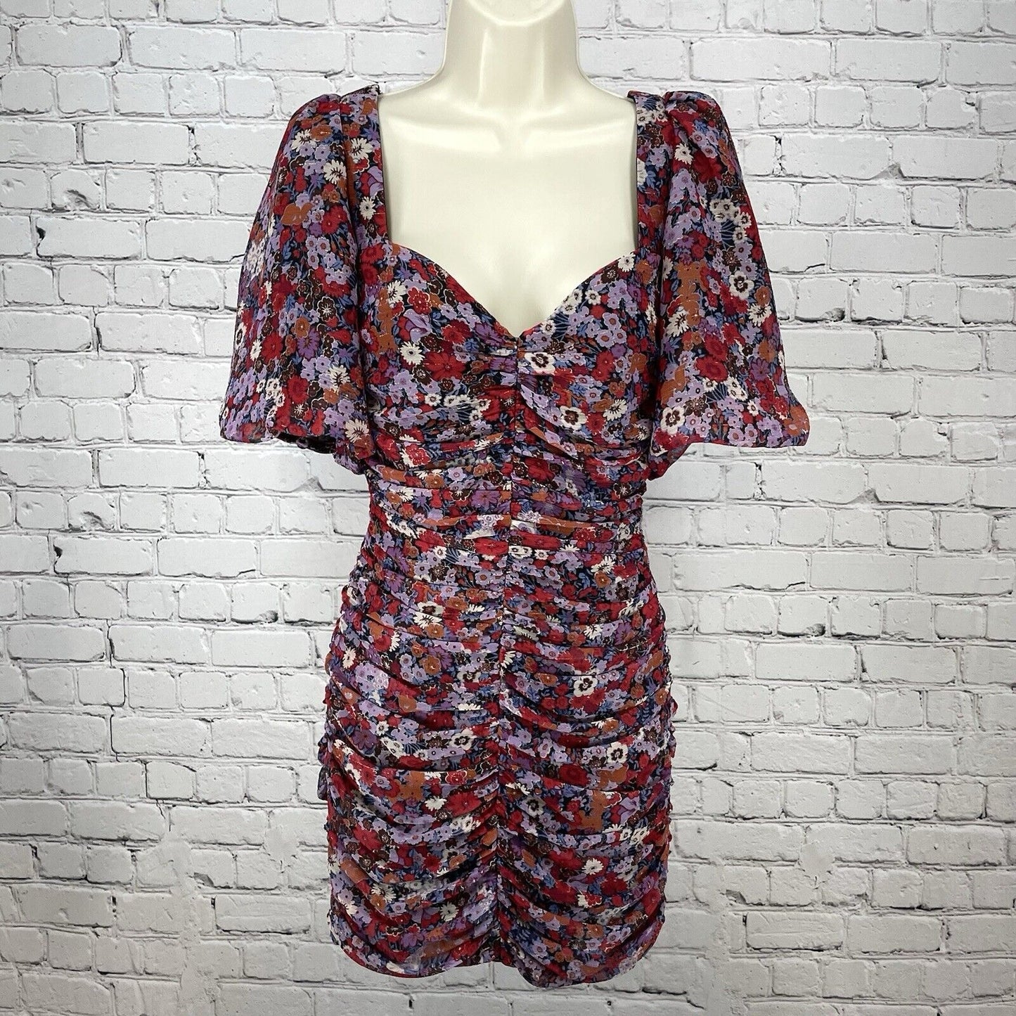 Zara Multicolor Floral Ruched Short Puff Sleeve Mini Dress Zipped Lined Size XS
