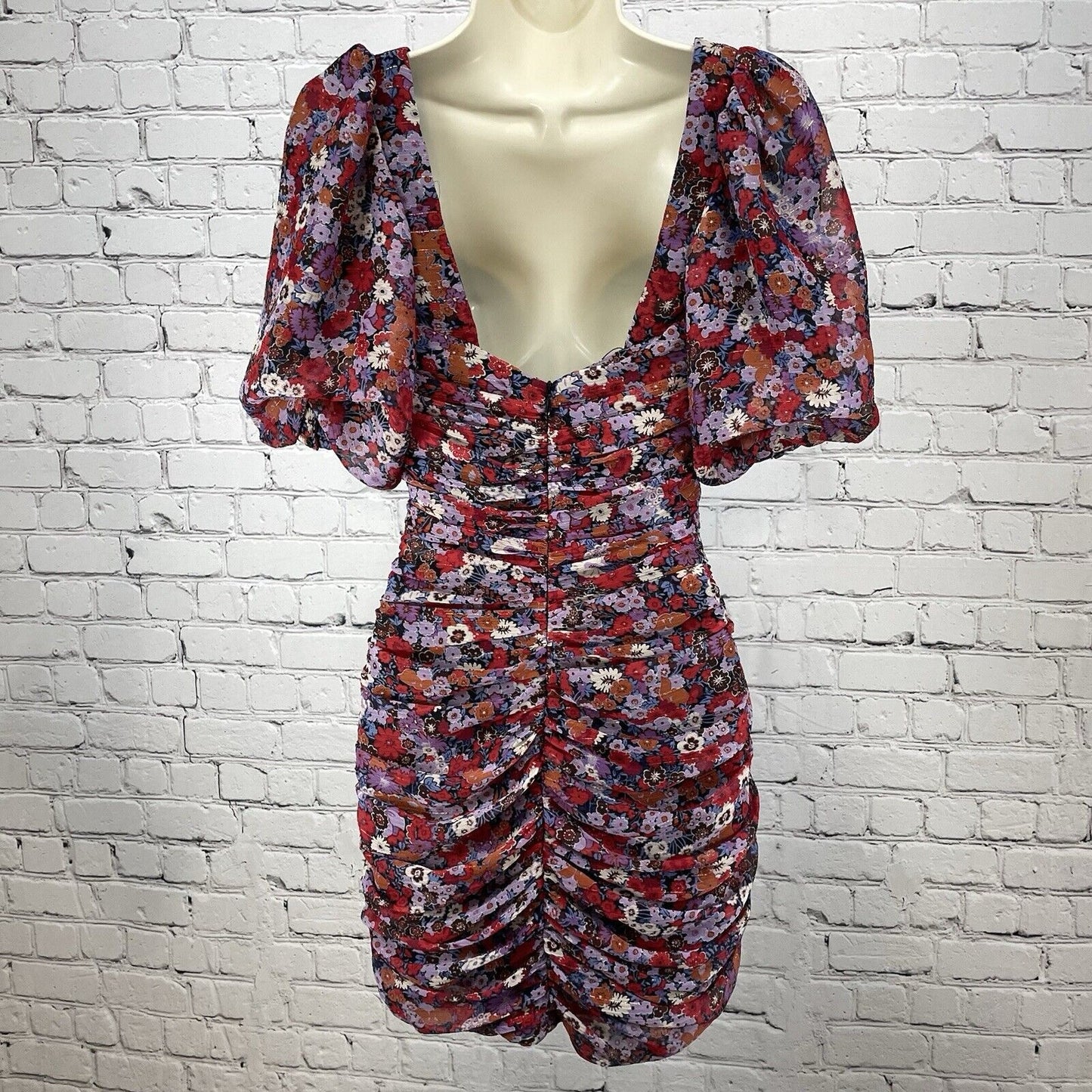 Zara Multicolor Floral Ruched Short Puff Sleeve Mini Dress Zipped Lined Size XS