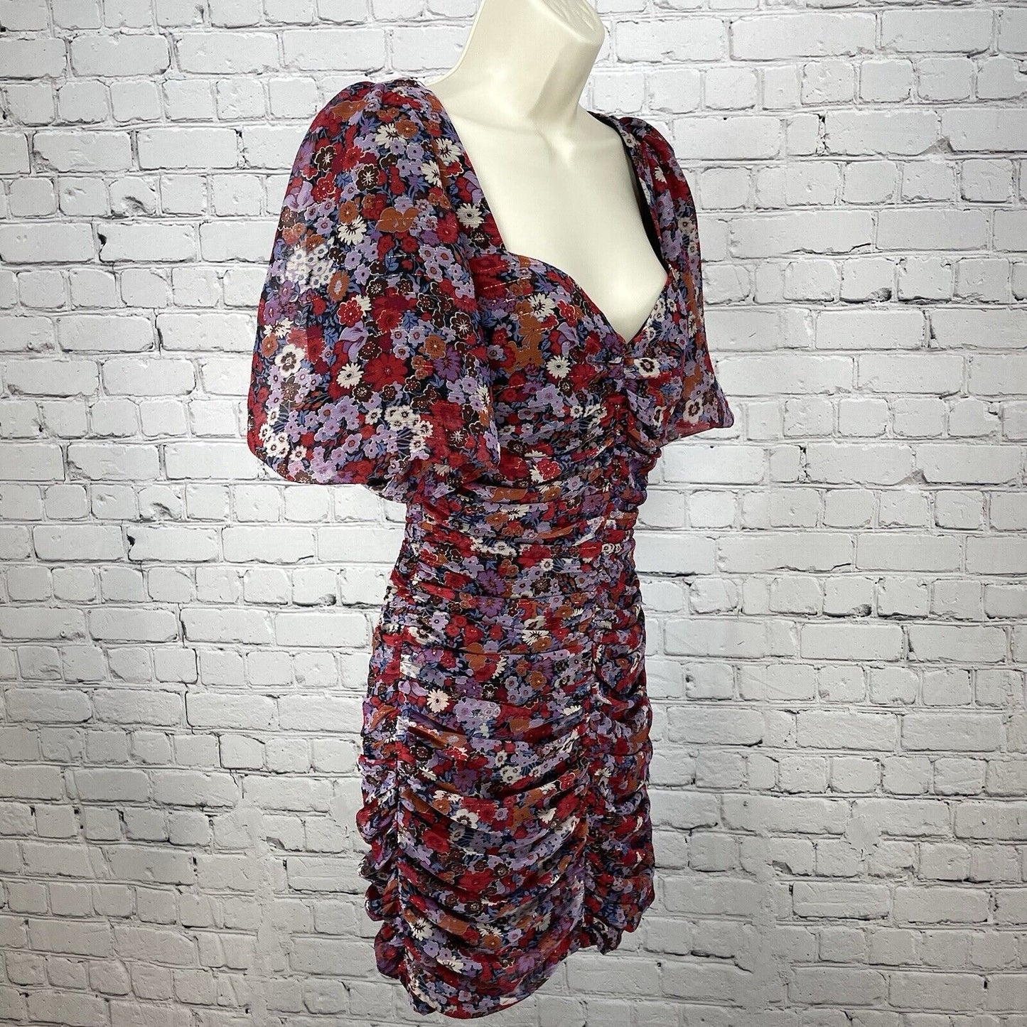 Zara Multicolor Floral Ruched Short Puff Sleeve Mini Dress Zipped Lined Size XS