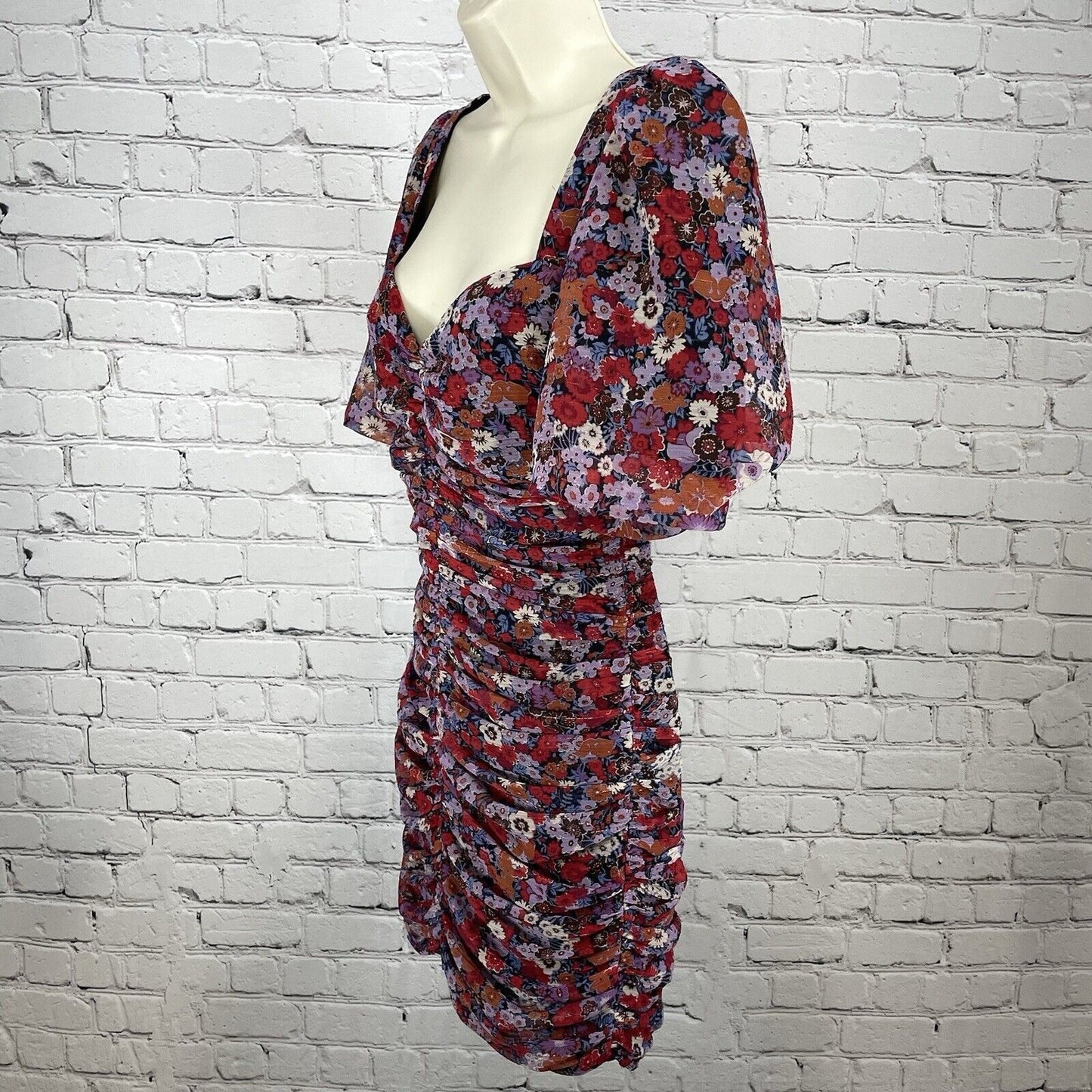 Zara Multicolor Floral Ruched Short Puff Sleeve Mini Dress Zipped Lined Size XS