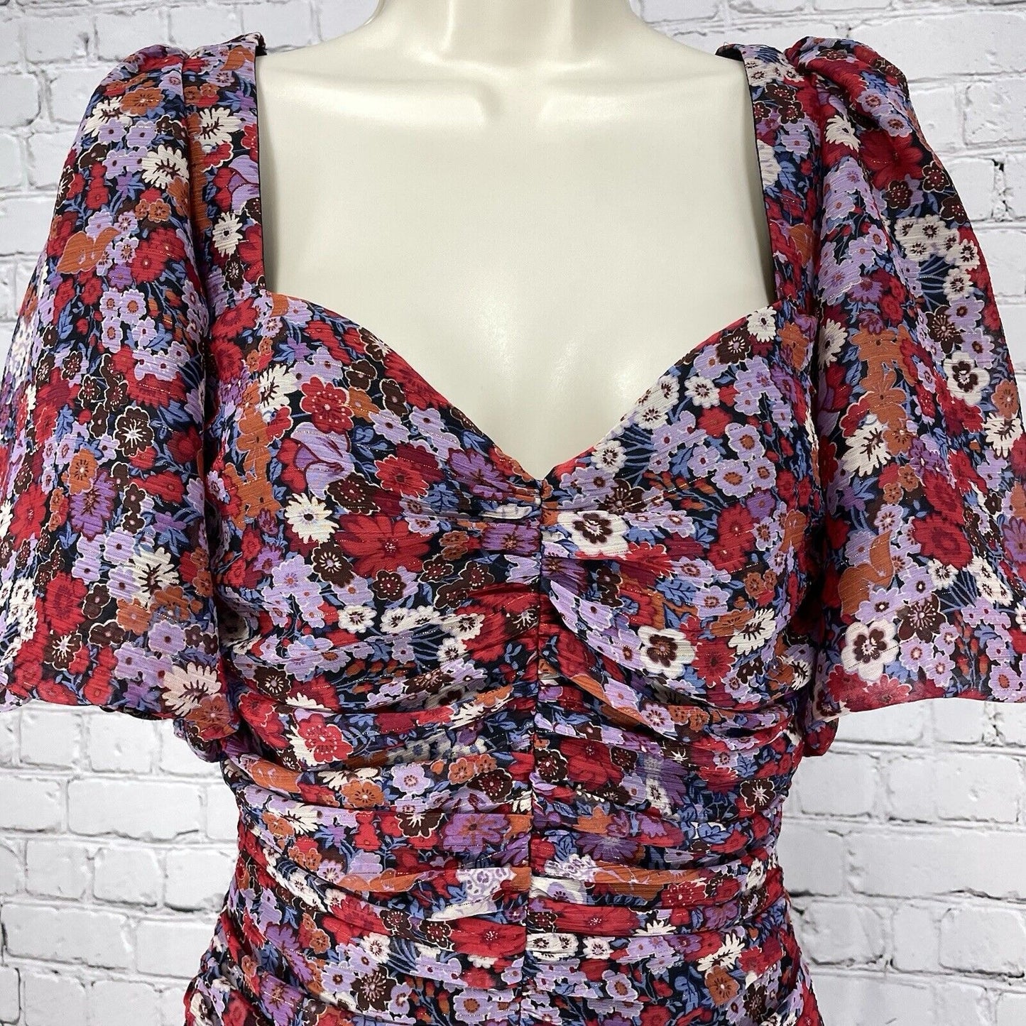 Zara Multicolor Floral Ruched Short Puff Sleeve Mini Dress Zipped Lined Size XS