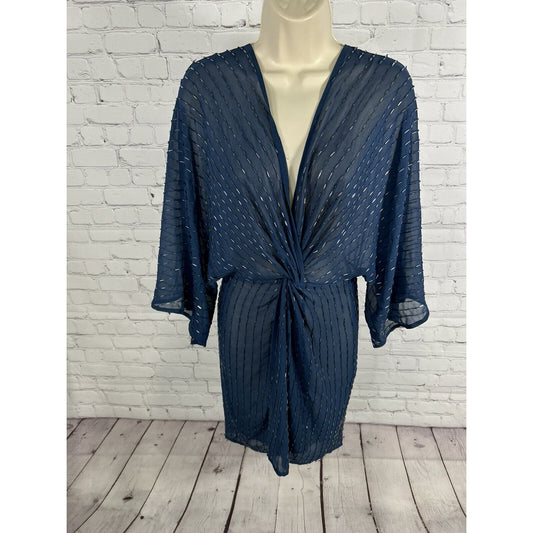 Asos Blue Sheer Beaded V Neck Twist Front Short Sleeve Tunic Cover Up Dress 4