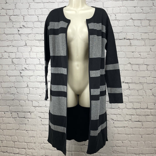 Athleta Black Gray Striped Knit Open Long Cardigan Sweater Pockets Size XS