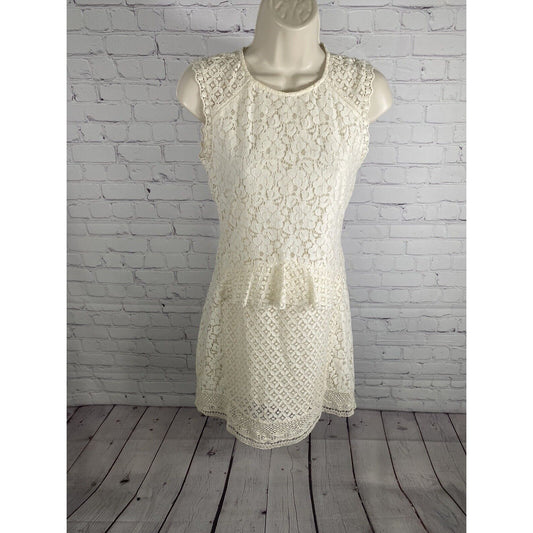 Zara Trafuluc Off White Floral Lace Overlay Ruffle Waist Pencil Dress Women’s XS