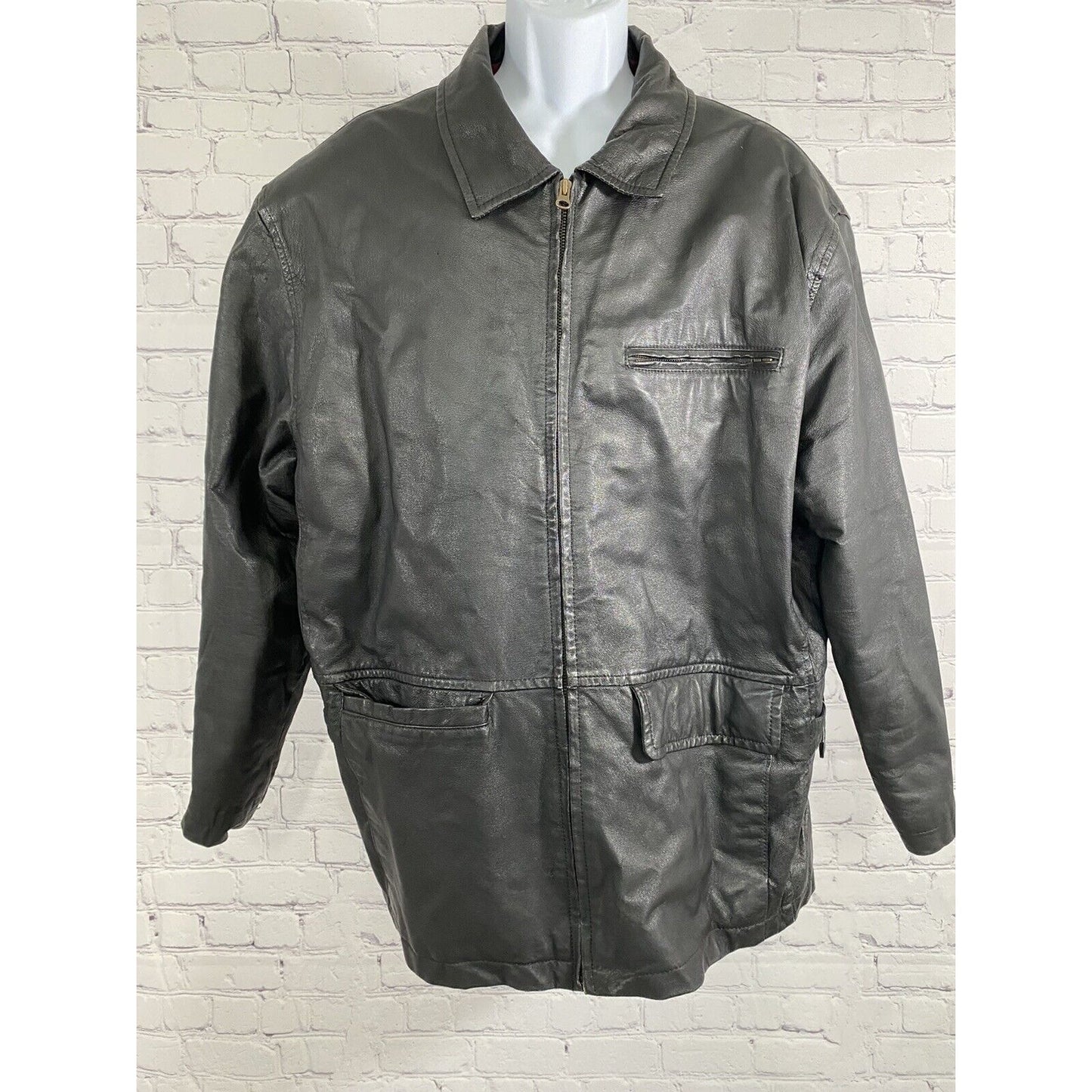 Joshua Ross Black 100% Leather Zip Up Jacket Pockets Buckle Accents L Large