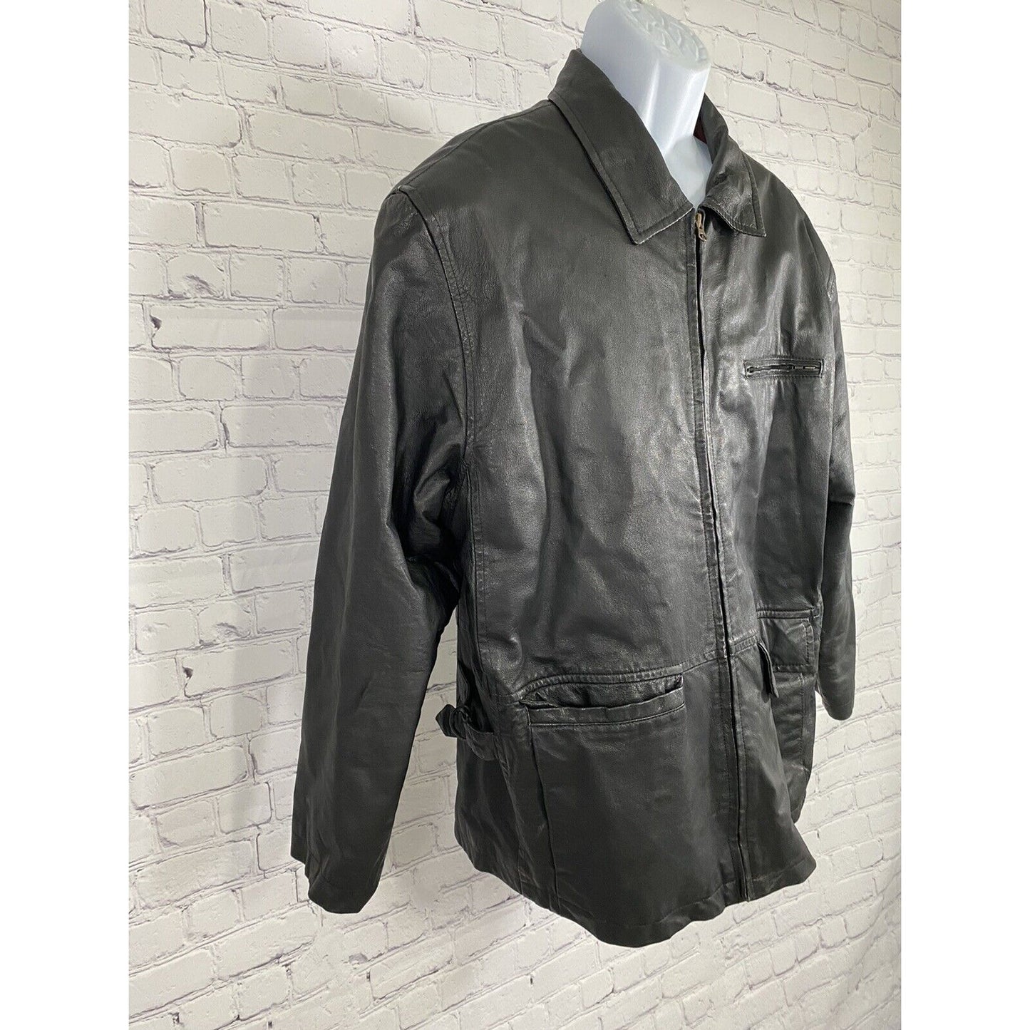 Joshua Ross Black 100% Leather Zip Up Jacket Pockets Buckle Accents L Large