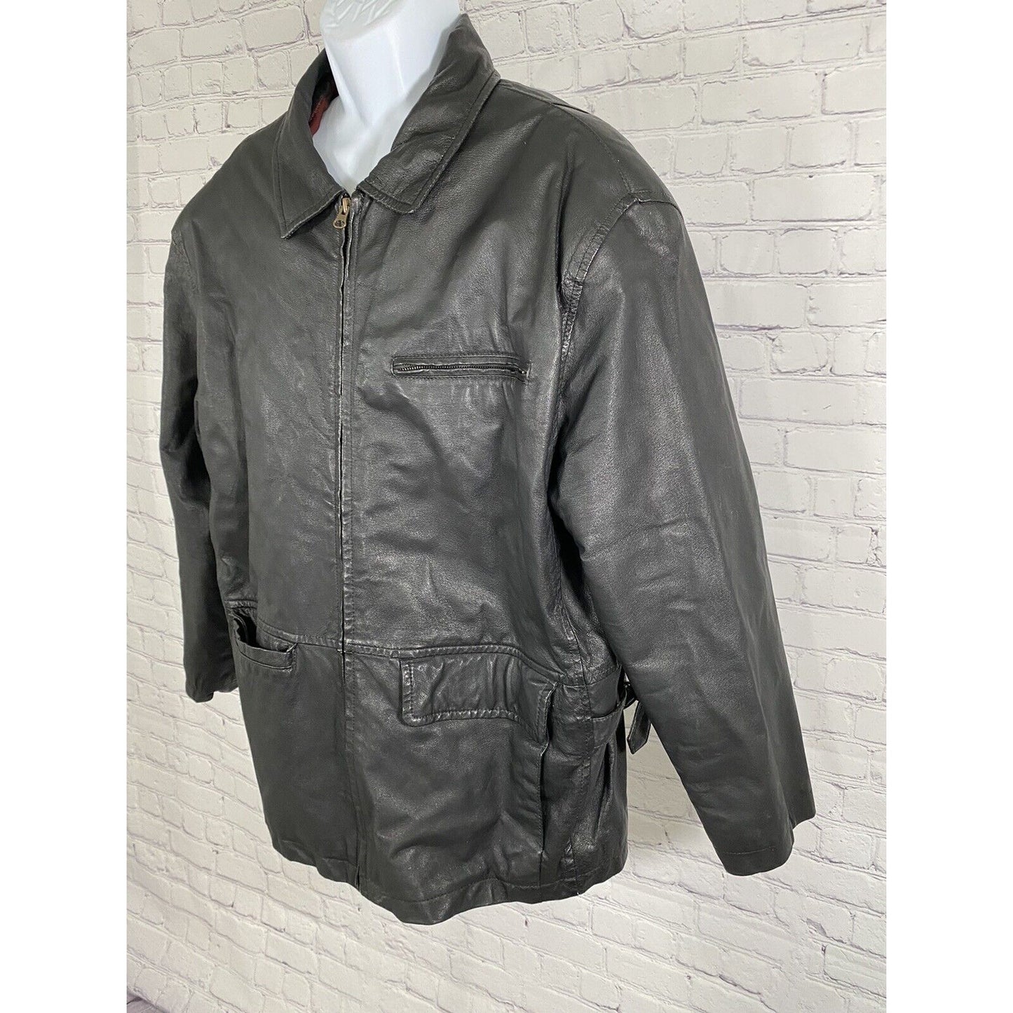 Joshua Ross Black 100% Leather Zip Up Jacket Pockets Buckle Accents L Large