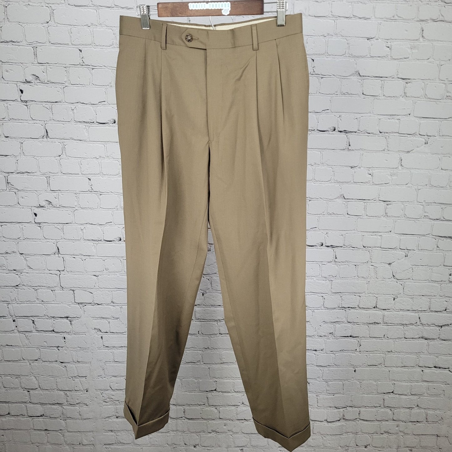 Jos A Bank Brown 100% Wool Pleated Cuffed Straight Dress Pants Size 34 (32x30.5)
