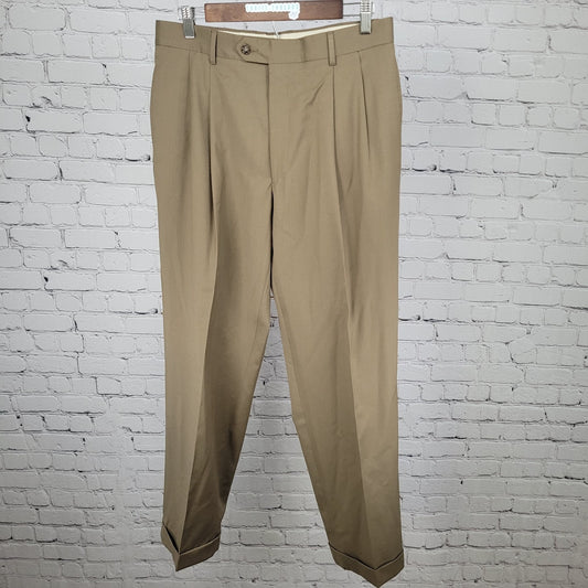 Jos A Bank Brown 100% Wool Pleated Cuffed Straight Dress Pants Size 34 (32x30.5)