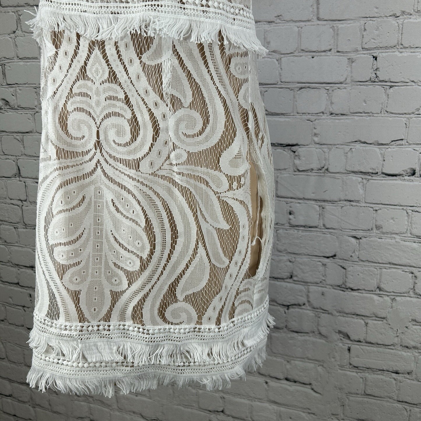 Ryse The Label Off White Sleeveless V Neck Lace Fringe Mini Dress Size Small S