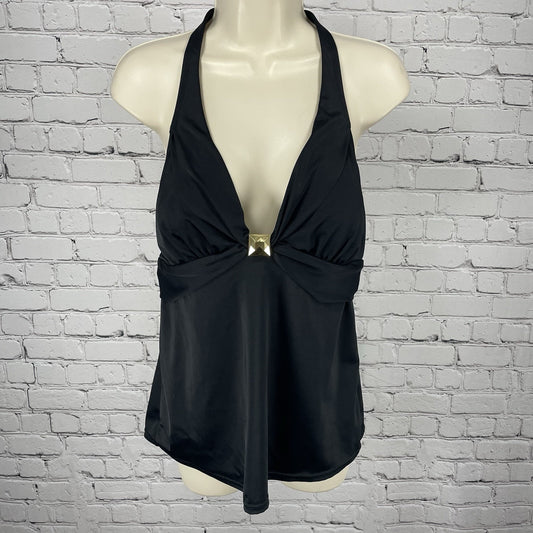 Tropical Escape Black Ruched Gold Accent Padded Swimsuit Halter Tank Top Size 14