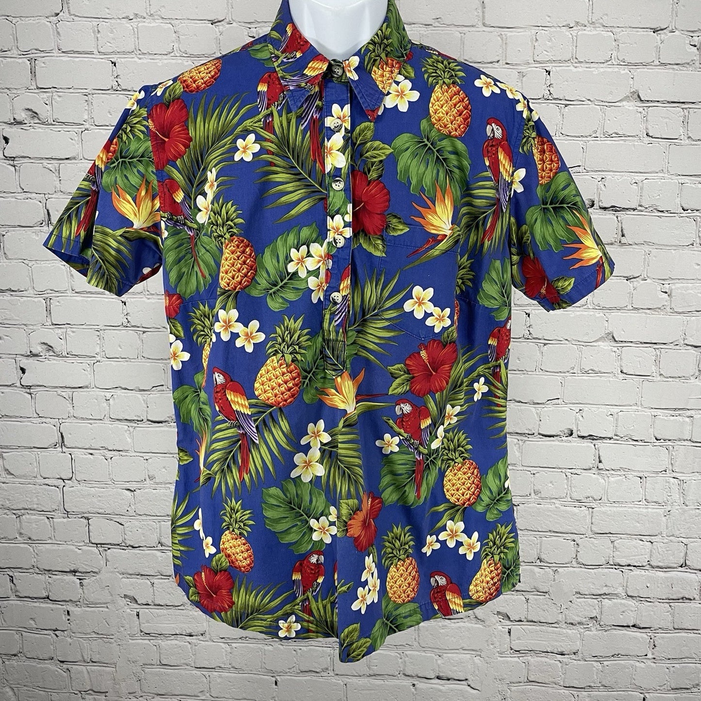 VTG Go Barefoot Blue Hawaiian Tropical Short Sleeve Button Up Shirt USA Large L