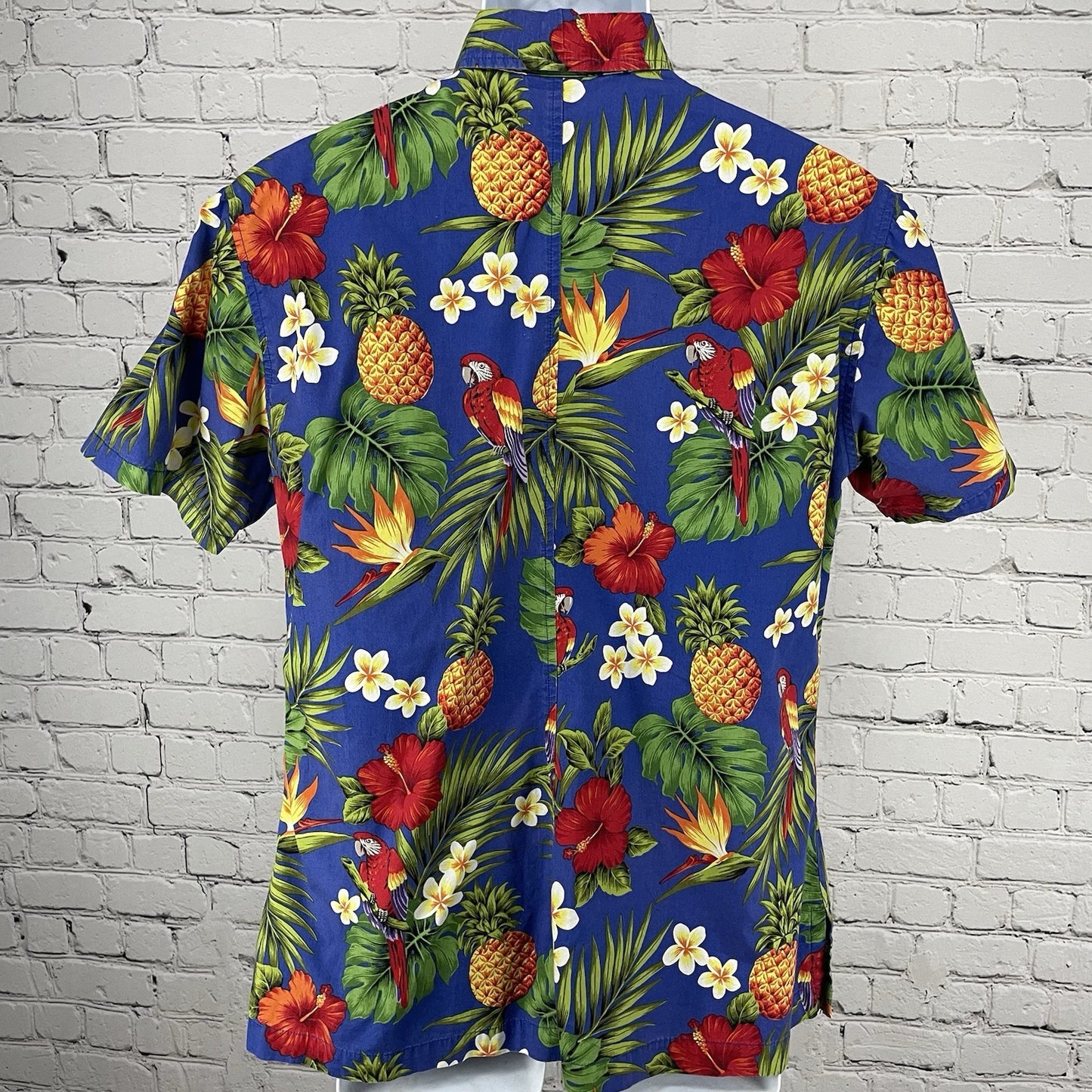 VTG Go Barefoot Blue Hawaiian Tropical Short Sleeve Button Up Shirt USA Large L